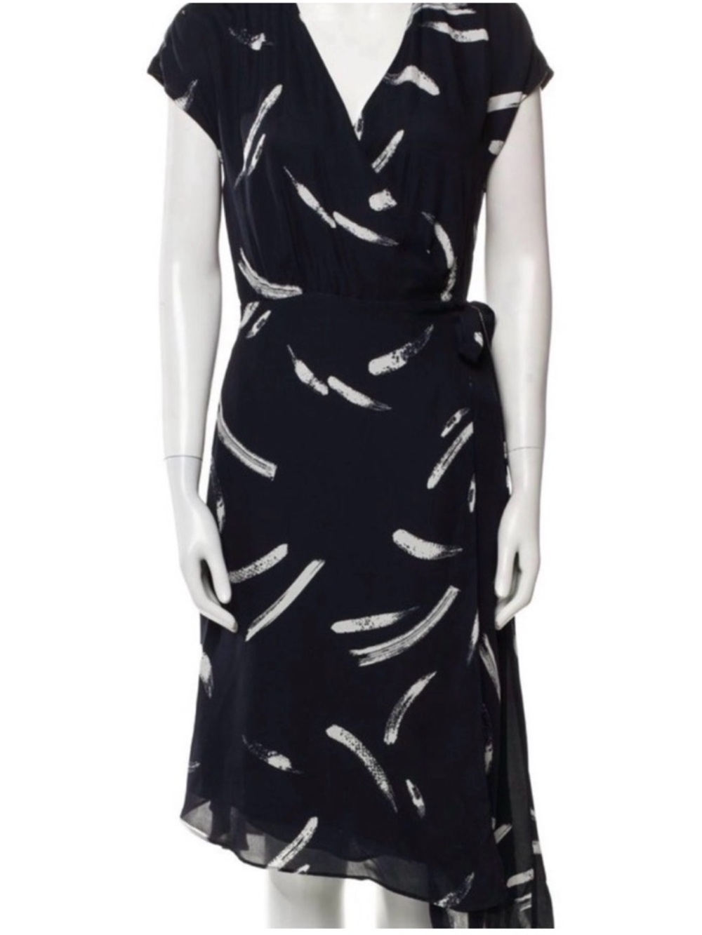 Joie Black Wrap Midi Dress with White Brushstroke Print